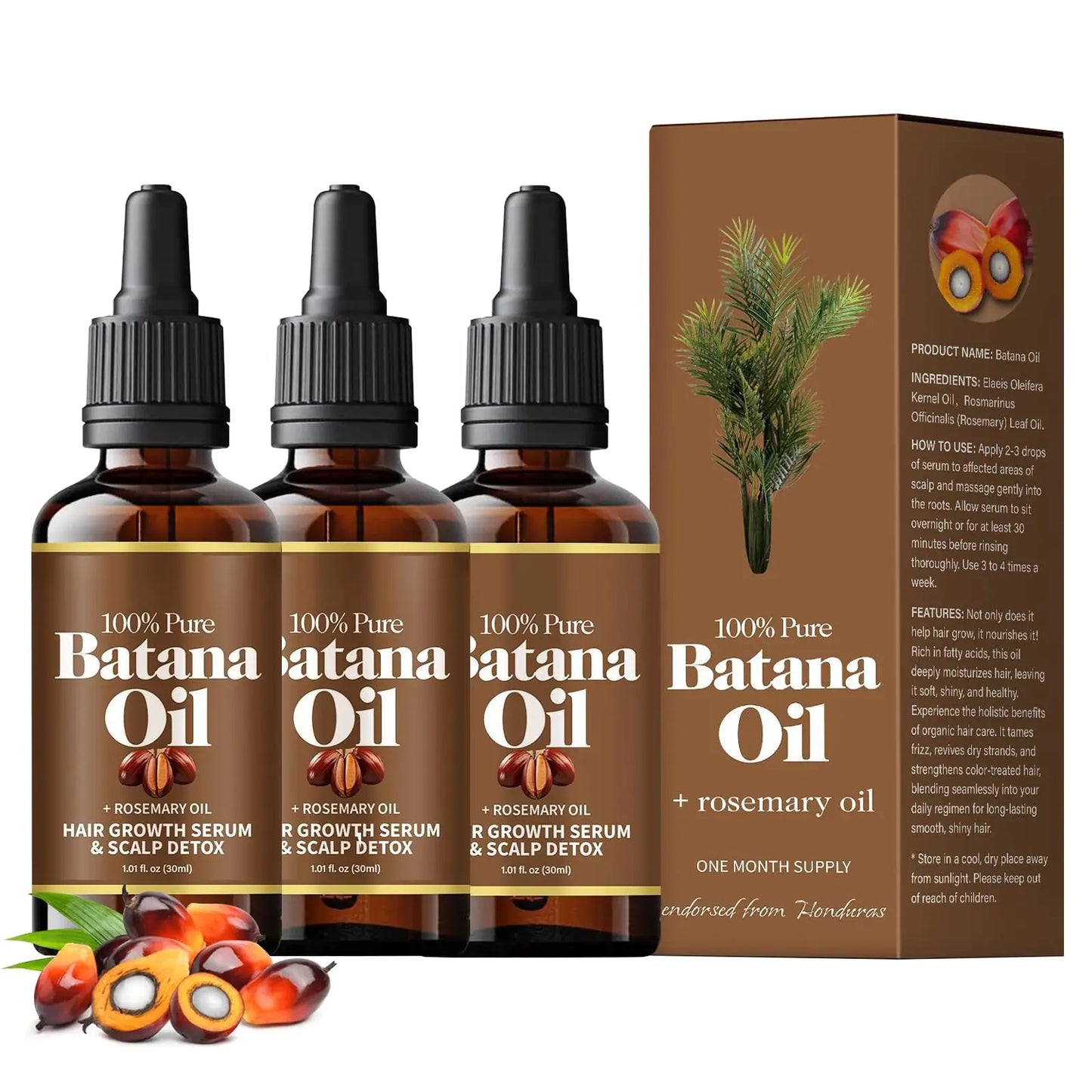 Batana Oil with Rosemary for Hair Growth 100% Organic Batana Oil from Honduras with Rosemary Hair Growth Oil for Nourishes Hair Nourish Scalp & Detox for Strong & Healthy Hair (3PCS)