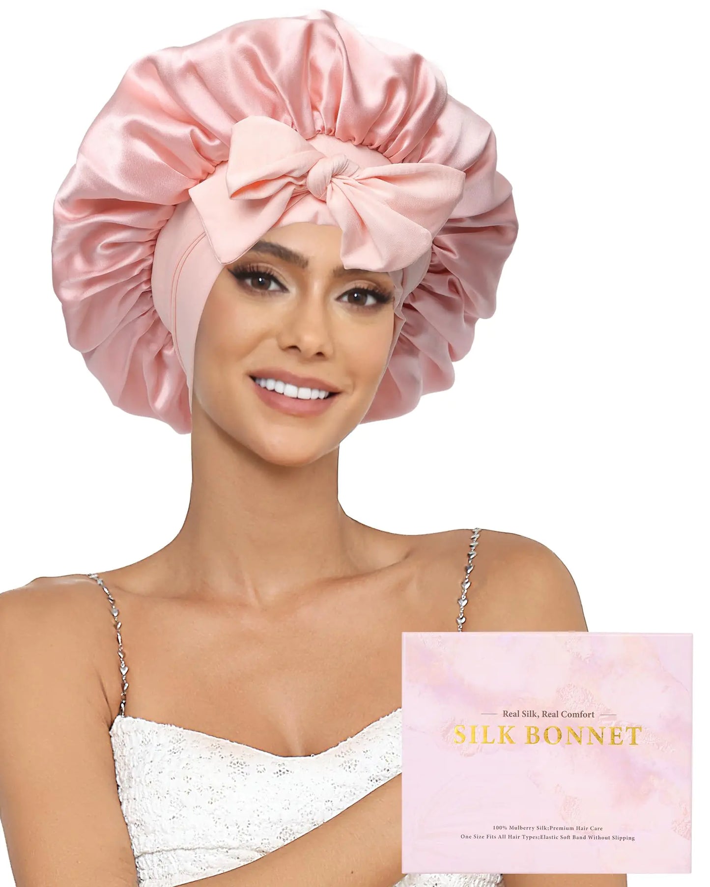Ufgin 100% Mulberry Silk Bonnet for Sleeping Women Double Layer Silk Hair Bonnet Natural Silk Sleep Cap with Elastic Reversible Hair Wrap (Pink+Beige)