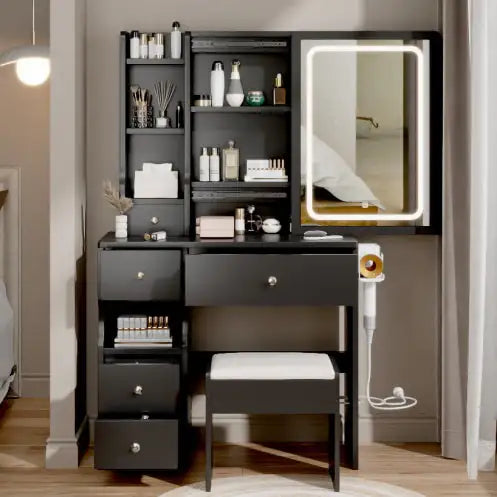 Compact Power Vanity Desk Set with LED Mirror and Stool