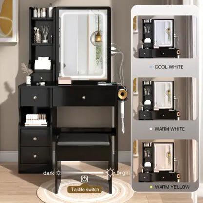 Compact Power Vanity Desk Set with LED Mirror and Stool