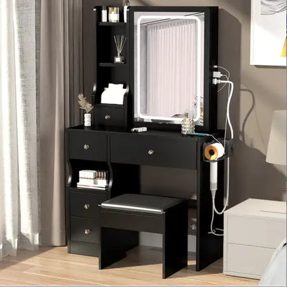 Compact Power Vanity Desk Set with LED Mirror and Stool