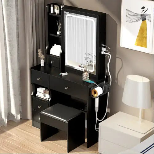 Compact Power Vanity Desk Set with LED Mirror and Stool