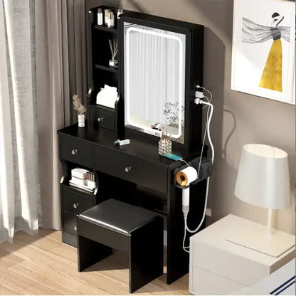 Compact Power Vanity Desk Set with LED Mirror and Stool